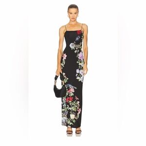 Alice + Olivia Fifu  Black Floral Slip Maxi Dress with Multicolor Blooms size 12